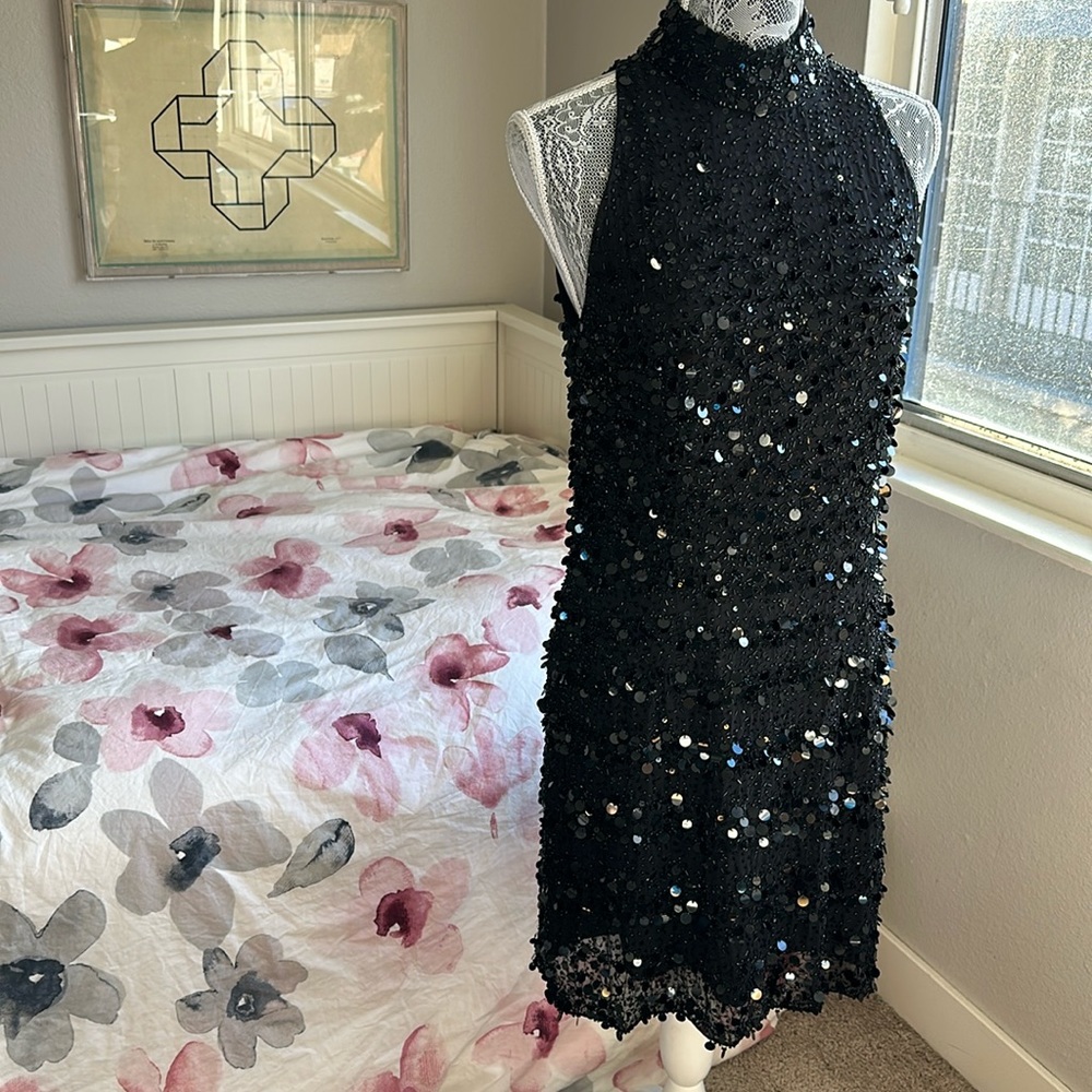 Bicici 100% Silk Sequin & Beaded Black Halter Mock Neck DiscoMini Cocktail Dress - Picture 3 of 14
